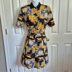 J. Andrews Vintage 2 Piece Shirt Shorts Gold Lion Clock Watch Print Womens Small